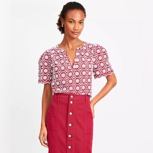 Loft Red Floral Embroidered Scalloped Blouse Sz S NWT